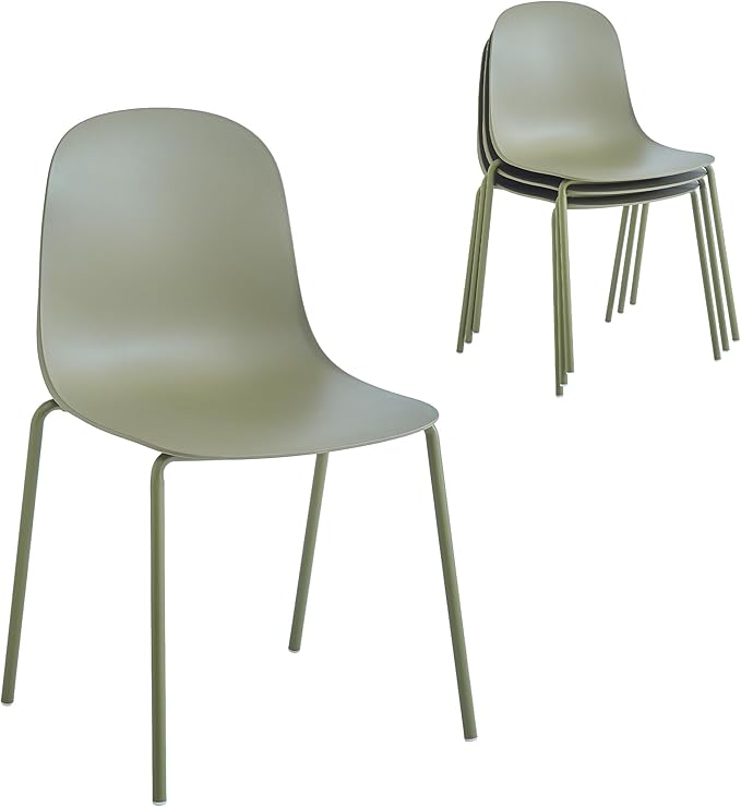 Plastic Stackable Dining Chairs Set of 4, Modern Outdoor Patio Chairs with Metal Legs for Patio Cafes, Restaurants and Office Waiting Room (Sage Green)