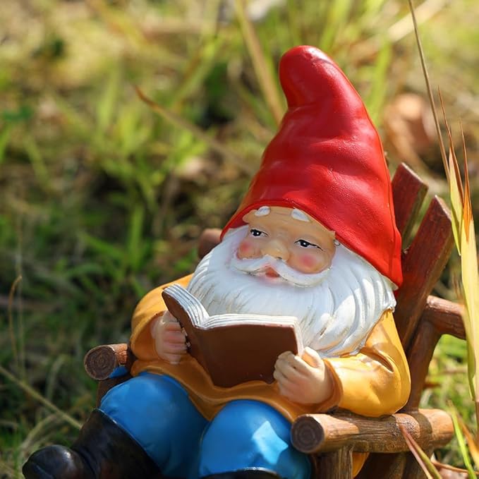 Garden Gnome Reading in Rocking Chair, Resin Decorative Statue, 7.2x6.2x4.3 inches