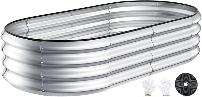 Kesfitt Raised Garden Bed, 4x2x1 FT Galvanized Steel Metal Raised Garden Bed, Oval Open-Bottom Design, 12-Inch Deep for Outdoor Vegetable & Herb Gardening, Silver