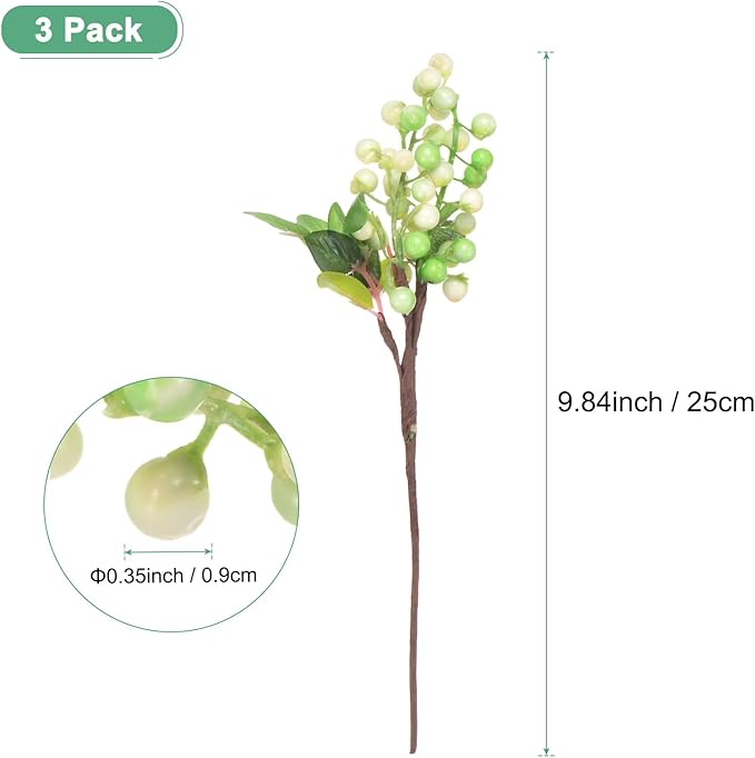 3-Pack Artificial Berry, 9.8 Inch Faux Holly Berry Foam Faux Frosted Berries with Stems for Home/Wedding/Christmas/DIY/Party/Garden/Office [White Green]