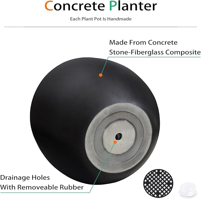 Heyzier Ball Concrete Planter Outdoor Indoor, Large Tall Cement Plant Pots for Trees Flowers (Black, 16 inch)