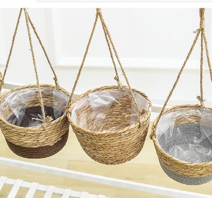 Hanging Planters for Indoor Plants, Hanging Planter with Jute Rope Woven Hanging Flower Pots Hanging Plant Holder Hanging Basket Retro Style Straw Basket for Office Party (1 Pack)