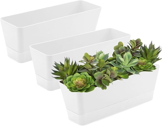 Lainrrew 3 Pack Window Box Planters, 12 Inches Rectangular Planter Plastic Flower Box Plant Pots Plant Containers with Tray for Balcony, Windowsill, Garden, Home Office Outdoor Decoration, White