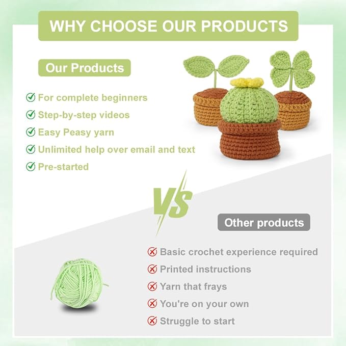 Autglint Potted Plant Crochet Kit for Beginners - DIY Succulent Garden Amigurumi Set for Home Office Decor | Step-by-Step Video Tutorials & Non-Split Yarn | Everlasting Greenery Craft Gift