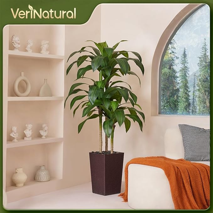 VeriNatural Artificial Dracaena Tree 5FT - Fake Tree with Brown Taper Planter & Pebbles - UV Resistant Faux Yucca Tropical Plant - Artificial Trees for Home Office Living Room Decor Indoor Outdoor