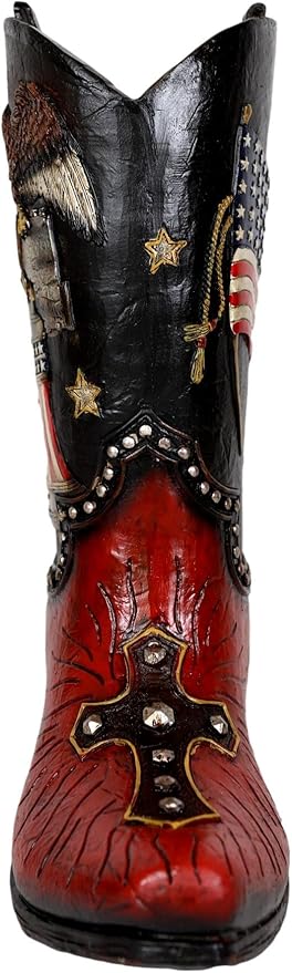 Ebros Gift Rustic Western Patriotic American Bald Eagle Clutching Independence Liberty Bell with US Flag and Cross Cowboy Cowgirl Boot Decor Figurine Or Floral Vase Planter in Faux Tooled Leather