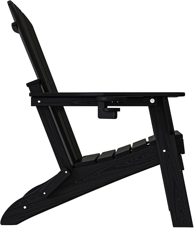 Plawdlik Folding Adirondack Chair, SGS Tested, Wooden Textured with Cup Holder, Heavy All-Weather HDPE Comfortable Set Poolside Backyard Lawn Black