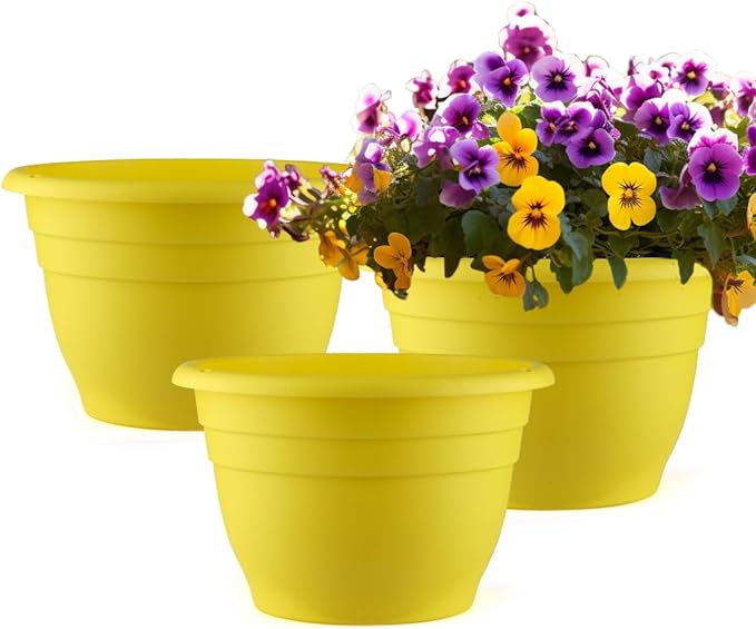 RooTrimmer 3 Pack 11 Inch Plant Pots with Drainage Hole and Plug, Durable Plastic Flower Pots for Indoor & Outdoor Plants, Elegant Mordern Plant Pots Perfect for Herbs, Flowers & Succulents, Yellow