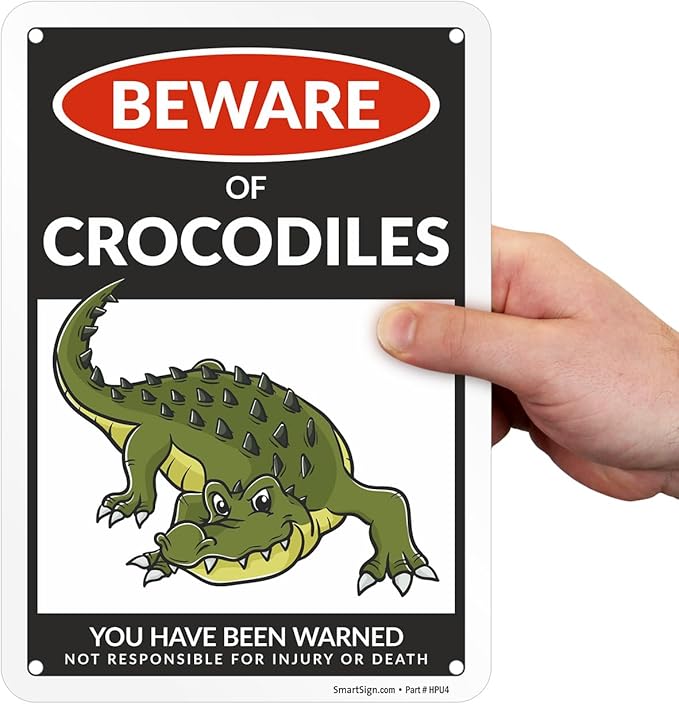 SmartSign Beware Of Crocodiles Warning Sign - 10"x7", 40 mil Laminated Rust-free Aluminum - Metal Signs for Wall Decor, Outdoors, Patio, Gifts, Cafe - Crocodile Theme, Made in USA