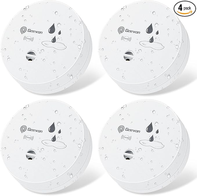 Geevon 4 Pack Water Leak Detectors, 100dB Water Sensor Alarms Flood Detector for Basements, Bathrooms, Laundry Rooms, Kitchens, Garages, and Attics, Water Alarms Battery-Operated (Battery Included)