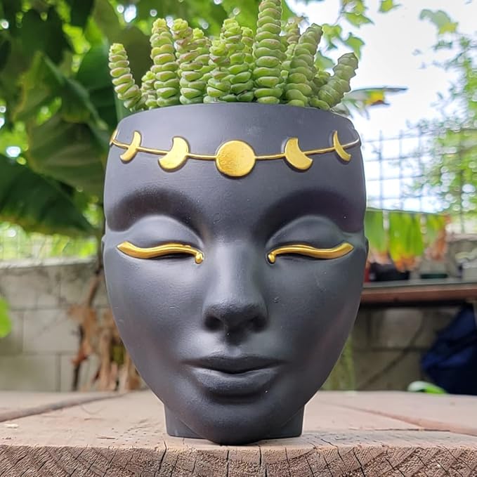 Head Planter - Indoor & Outdoor Home Decor Gifts for Plant Lovers - for Flat Surface or Wall Mount - Unique Face Planter for Flowers, Succulents, & More (7 inch, Luna Design, Black)