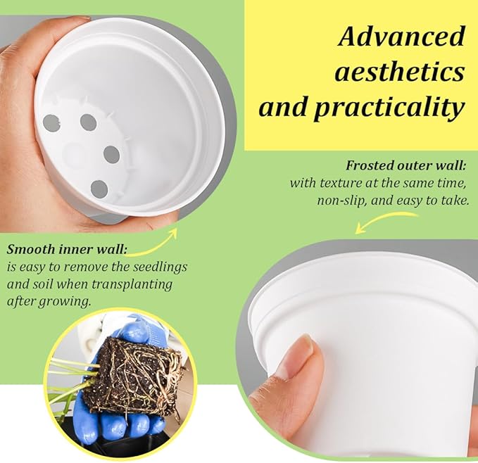 RooTrimmer 60 Pack 3 Inch White Nursery Pots - Plastic Seedling, Seed Starter, Germination Pots with Drainage for Plants, Succulents, Flowers, Transplanting Gardening Gifts