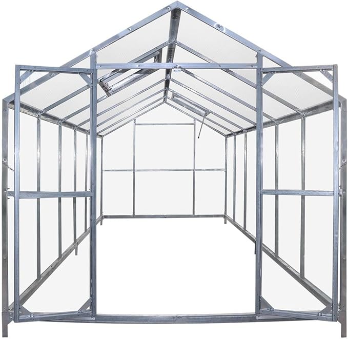 Expanded 8 x 20 Grow House with 4mm UV-Resistant Twin-Wall Polycarbonate Roof Transparent Hard Walls Galvanized Metal Frame Ground StabilizationBars