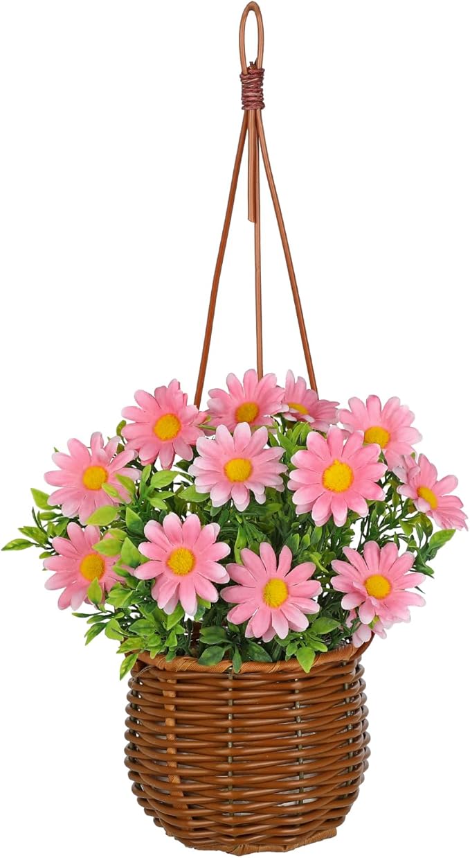 Artificial Daisy Flowers with Hanging Woven Basket, Faux Chrysanthemums in Fake Rattan Planter with Rope, Realistic Floral Arrangement for Home Window Porch Patio Balcony Summer Sweet Decor, Soft Pink