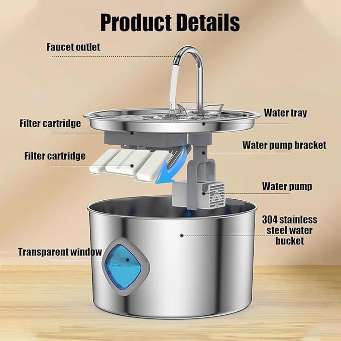 2026 New Dog Bowl, Dog Water Fountain, 3.2l Filtered Water Bowl, Stainless Steel Easy to Clean, Super Quiet Smart Watering Systems Quadruple Purification, Suitable for Dogs/Cats (8 Filters)