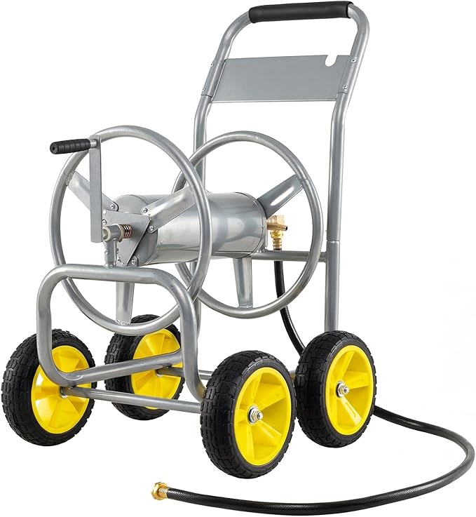 Garden Hose Reel Cart, Mobile Water Hose Cart with Heavy-duty Metal Frame & 4 Solid Wheels, Hold up to 330 ft of 5/8" Hoses, Outdoor Planting Tool for Lawn & Backyard (Silver)