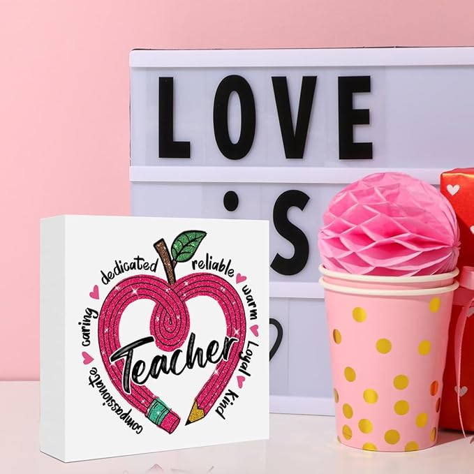 Teacher Valentine Decor Gift, Teacher Appreciation Gifts, Vintage Valentines Day Gifts for Teachers, Thank You Graduation Birthday Gift, Heart Pencil Wooden Box Sign Office Desk Decor