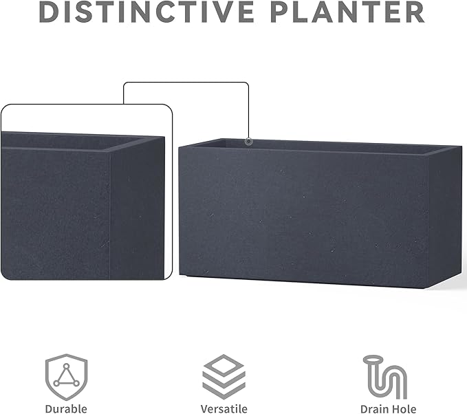 Kante 23.6" L Rectangular Concrete Planters, Outdoor Indoor Modern Plant Pot with Drainage Hole and Rubber Plug for Garden, Patio, Charcoal Finish