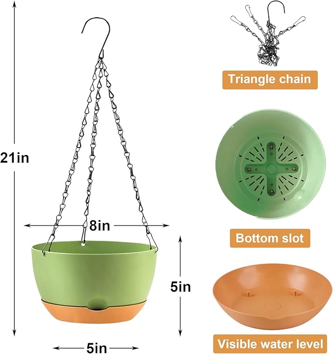 KPUVX 4 Pack Plastic Hanging planters for Indoor Plants,8 Inch Plant Pot Indoor Outdoor Hanging Baskets,Hanging Flower Pots with Drainage Holes and Chain for Garden Porch Plants (Green)
