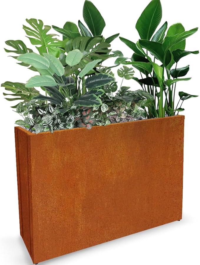 Megawodar Metal Tall Long Planter Box Large Rectangular Planter Flower Pot with Drainage Holes for Indoor Outdoor Deck Porch Garden Home Patio Front Door (Rusty Orange, M)