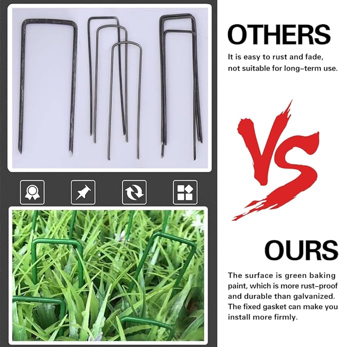 Bakulyor 150pcs Green Artificial Turf Stakes Staples + 150pcs Buffer Washer, 6 Inch 11 Gauge Landscape Staples, Galvanized Lawn Spikes, Heavy Duty Yard Ground Pin for Grass Weed Barrier Sod Fabric