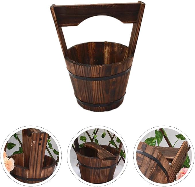 GANAZONO Wooden Bucket,Water Wishing Well Pail Vintage Style Primitive Planter Rustic Flower Planters Pots Container for Garden Home Plants