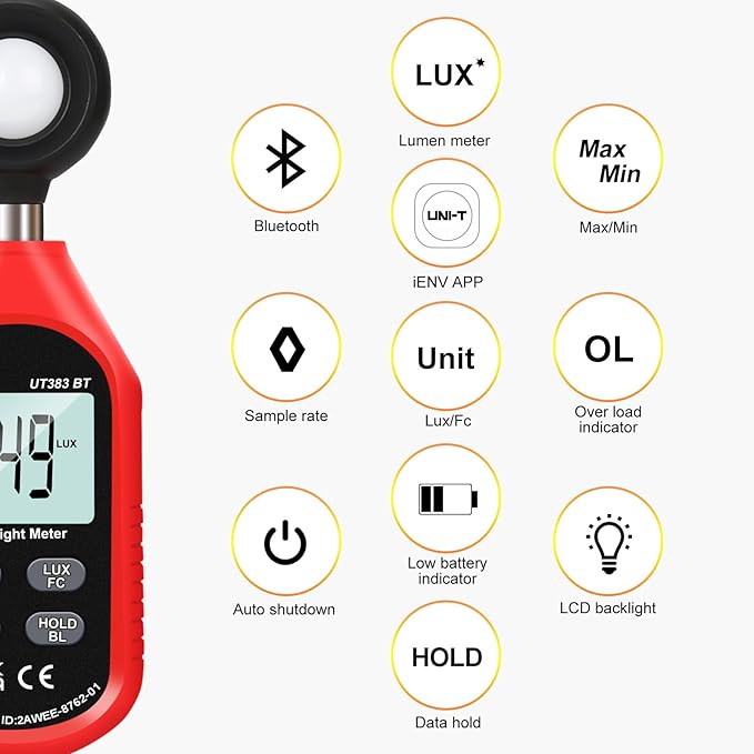 UNI-T Light Meter UT383BT Lux Meter Lumens Digital Illuminance Meter 0~199900 Lux (0~18500 FC) Foot Candles Luxmeter for Film Photography Plants Photometer Lighting Intensity Brightness Measurement