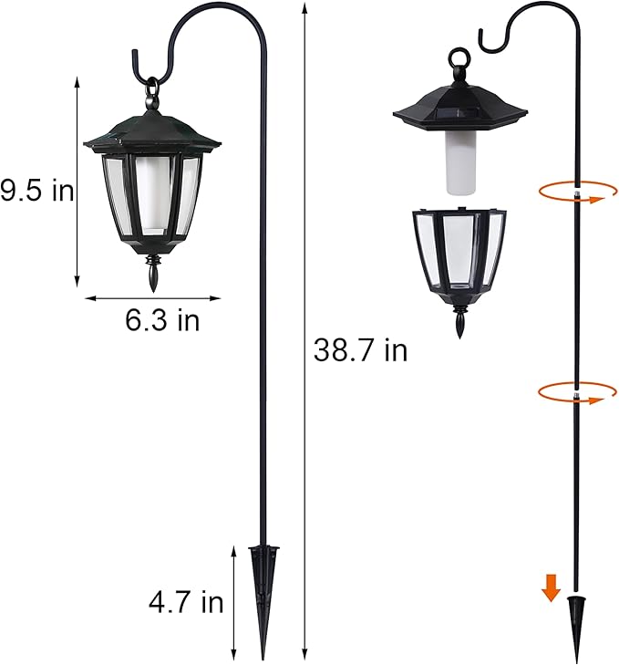 Dynaming 4 Pack Solar Flame Hanging Lights Outdoor, Halloween Solar Flickering Flame LED Garden Lanterns with 4 x 38 Inch Shepherd Hooks, Christmas Lighting for Lawn Patio Yard Pathway Driveway