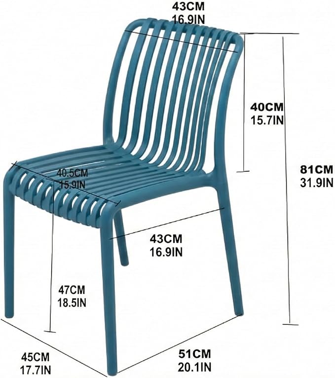 4 x Outdoor Stackable Dining Chair, All-Weather Plastic Patio Chair, Pool Side Chair, Modern Slatted Design for Balcony, Garden, Backyard, Indoor & Outdoor Use (Armless, Teal Blue)