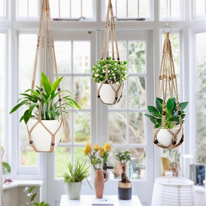 MDKFKDK 3 Pack Macrame Plant Hanger,Hanging Plant Holder, Boho Home Decor Hanging Basket with Wood Beads,Hanging Planters for Indoor Plants,Plant Hanger Indoor 35"/29"/23" Brown (POTS NOT Included)