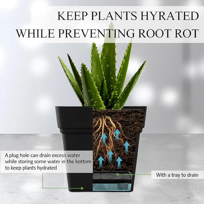RooTrimmer 6-Pack 7'' Square Planters with Built-in Drainage Tray – Heavy-Duty Black Plastic Planter with Drainage Hole and Bottom Stopper, BPA-Free Black Plant Pots Matte Finish for Indoor Outdoor