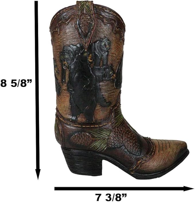 Ebros Gift Rustic Western Black Bear Family with Pine Cones Forest Cowboy Cowgirl Boot Decorative Figurine Or Floral Vase Planter Tooled Leather Finish Table Shelf Countertop Accent