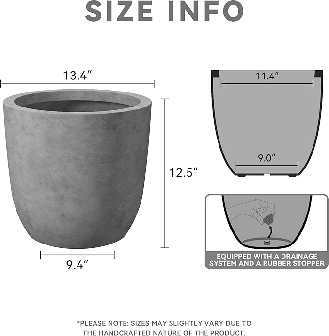 Kante 13.4" Dia Round Concrete Planter, Large Outdoor Modern Indoor Decorative Plant Pots with Drainage Hole and Rubber Plug for Home and Garden, Natural Concrete