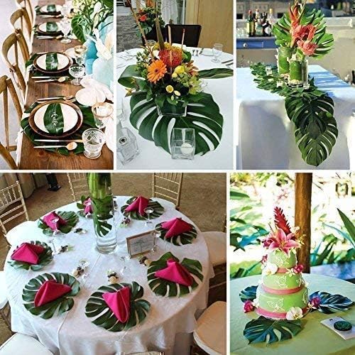 Artificial Palm Leaves, 50PCS Extra Large 14" Tropical Monstera Fake Leaves for Hawaiian Luau Jungle Safari Birthday WeddingTheme Party Table Wall Decorations,Bonus 3 Sheets/60pcs Dot Glues