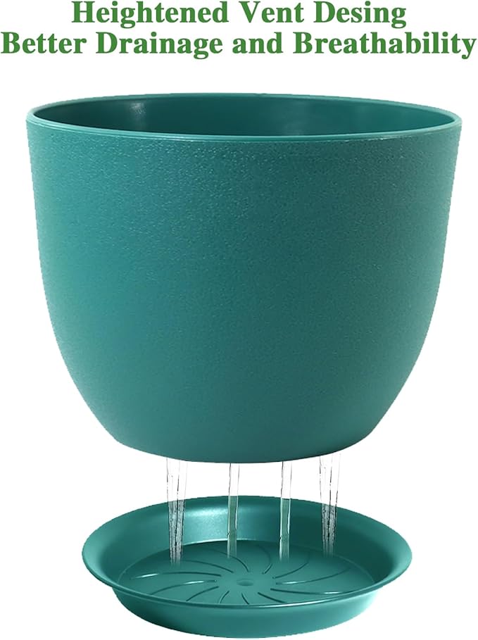 UOUZ 12inch Large Plant Pot, Modern Plastic Planter with High Driange Holes and Saucer for Indoor Outdoor Garden Plants and Flowers, Black with Green Speckles
