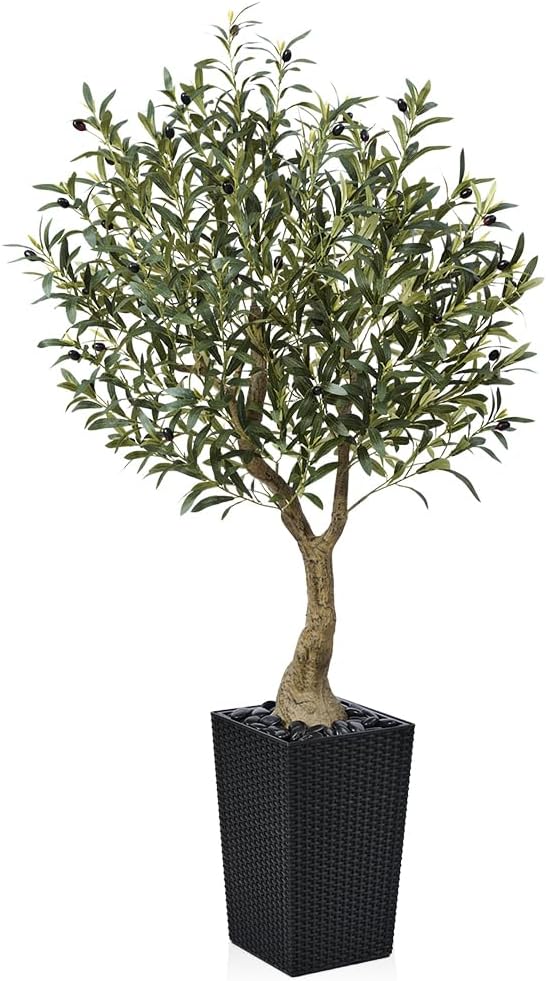 VeriNatural Artificial Olive Tree 5ft, Tall Fake Tree for Indoor & Outdoor Decor with Black Pot & Pebbles, UV Resistant Silk Leaves, Realistic Faux Potted Plant for Living Room,Office,Home Decor,VN137