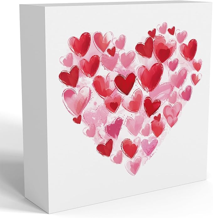 Valentines Day Decorations, Valentines Day Gifts for Her Him, Gift for Boyfriend Girlfriend, Pink Heart Brushstroke Anniversary Wooden Box Sign Husband Wife Home Office Bedroom Desk Decor