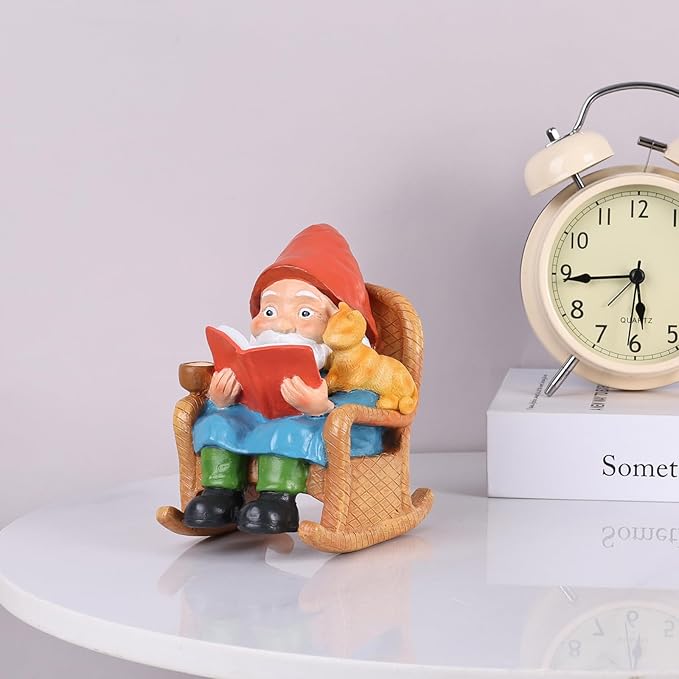 Garden Gnome Statue – Resin Gnome Figurine Reading Book Sculpture with Cat, Hand-Painted Outdoor Decoration for Patio, Lawn, Yard, or Porch, Whimsical Garden Ornament Gift