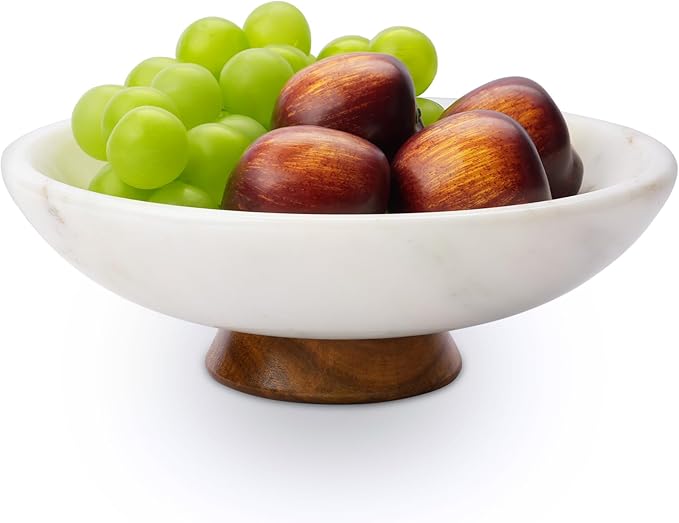 SAMAH White Marble Fruit Bowl with Acacia Wood Pedestal, Large Decorative Footed Bowl, Natural Stone Centerpiece for Kitchen Counter, Entryway, Keys, Dining Table, House Warming Gifts New Home(11Inch)