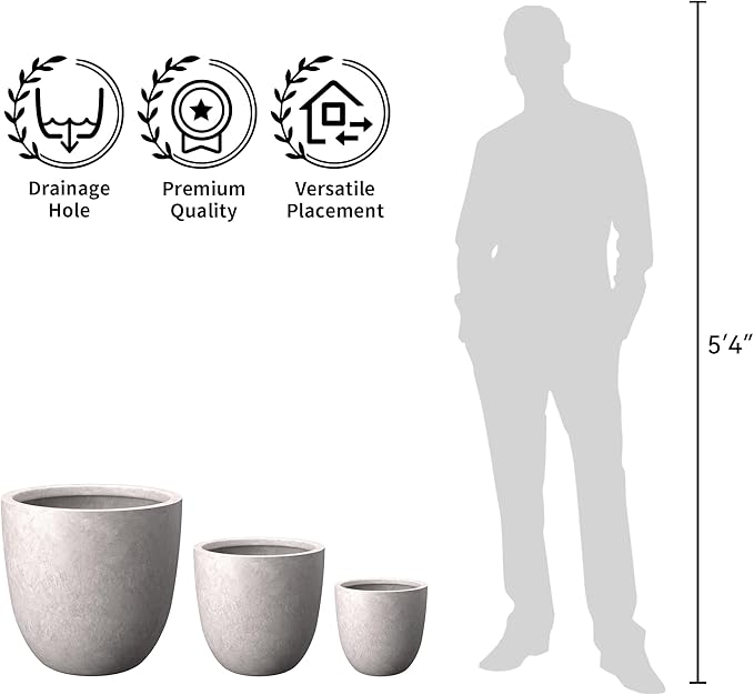 Kante Round Concrete Planter Set of 3, Large Outdoor Indoor Plant Pots with Drainage Hole, 10/14/18-Inch Diameter Flower Pots for Patio, Garden and Home, Light Gray