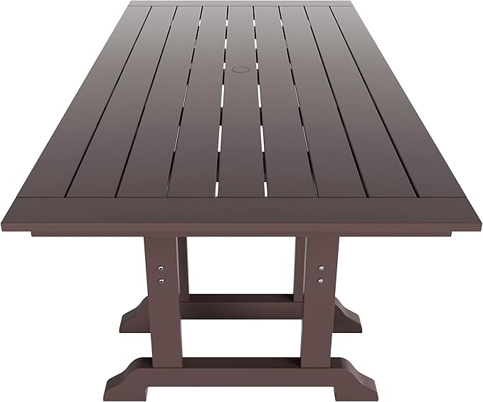 WestinTrends Malibu 6 Piece Adirondack Patio Dining Set with Bench, All Weather Poly Lumber Outdoor Table and Chairs, 71" Trestle Dining Table, 4 Adirondack Chair with Dining Bench, Dark Brown