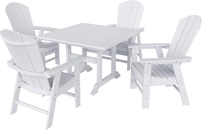 WestinTrends Malibu 5 Piece Adirondack Outdoor Dining Set, All Weather Poly Lumber Patio Table and Chairs Furniture Set, 43" Trestle Square Dining Table and 4 Adirondack Dining Chair, White