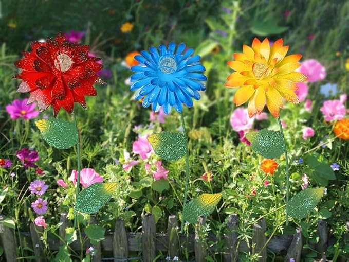 Voltogar 3 Pack Flowers Garden Stake Decoration Glow in Dark for Outdoor, Water-Proof Metal Flowers Ornament for Lawn Pathway Patio Plant Pot, Flower Bed Decor Red, Yellow & Blue, 16" H