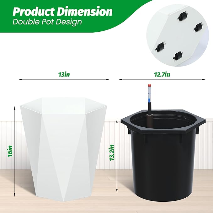 GarveeLife 16 in Tall Diamond Planters Set of 2, Self Watering Planters with Water Level Monitor, Flower Pots Outdoor and Indoor for Patio, Porch, Living Room, Home Office, White
