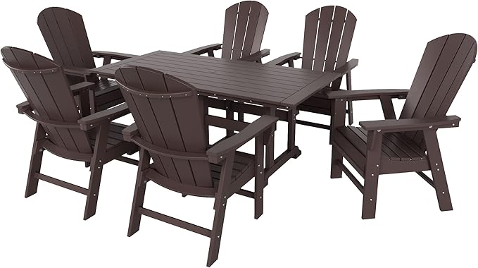 WestinTrends Malibu 7 Piece Adirondack Outdoor Dining Set, All Weather Poly Lumber Patio Table and Chairs Furniture Set, 71" Trestle Dining Table and 6 Adirondack Dining Chair, Dark Brown