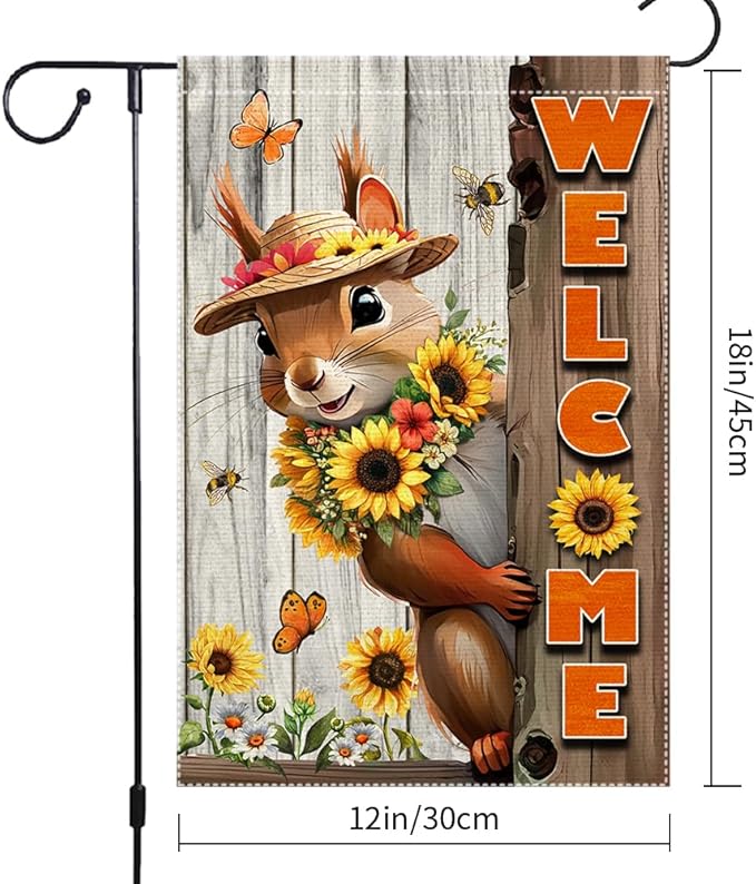 Welcome Spring Summer Garden Flag 12x18 inch Vertical Double-Side Small Burlap sunflower Squirrel Garden Flags Yard Porch Outdoor Patio Lawn Decor Flags Decorations