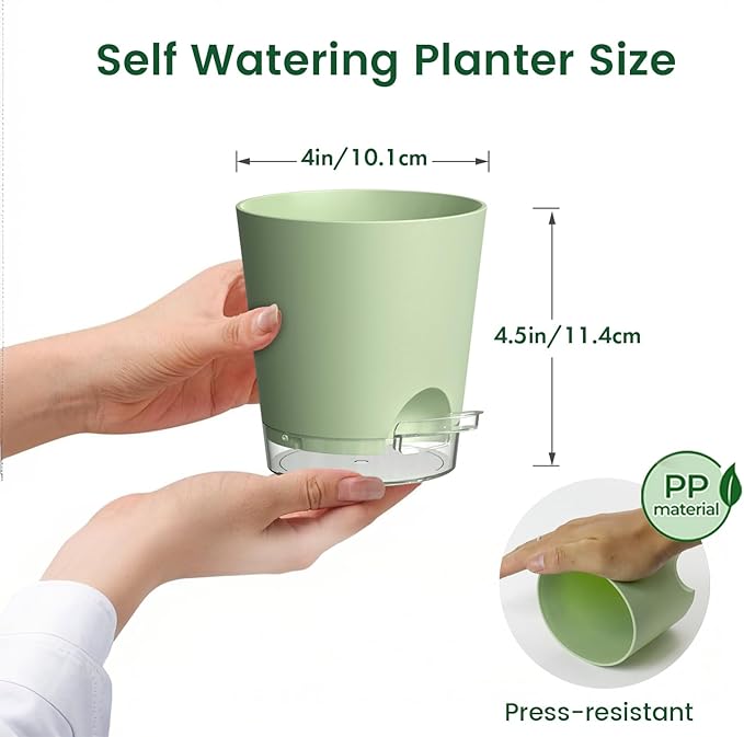 Meowell 4 inch Self Watering Pots for Indoor Plants, 5 Pack Small Flower Plant Pots with Drainage Holes and Clear Reservoirs, Visible Water Level, Plastic Planters with Wicking Rope, Green