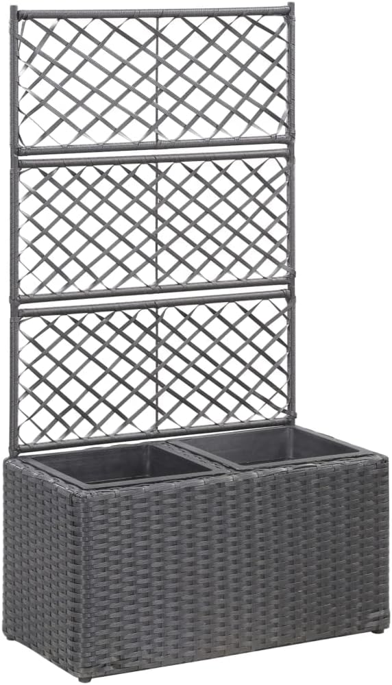vidaXL Black Poly Rattan Planter with Built-in Trellis and 2 Removable Pots - Stylish and Versatile Garden Feature with Weather Material - Ideal for Climbing Plants and Flowers