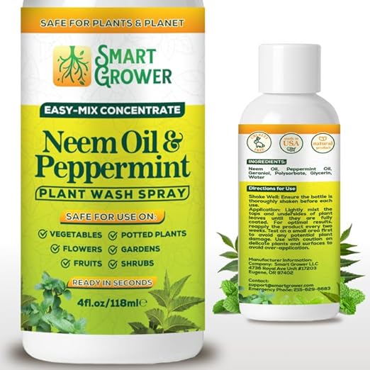 Neem Oil Spray for Plants with Peppermint Oil – for Indoor & Outdoor Plants, Gardens, & Houseplants– Best Value Refill 4 oz Concentrate Makes 1/2 Gallon RTU
