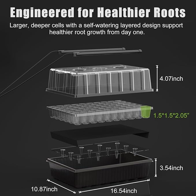 60 Cell Self-Watering Seed Starter Tray with Grow Light and Heat Mat,Seed Starter Kit,Humidity Domes,Auto Timer,Flexible Brightness Seedling Starter Trays for Seed Starting & Seeds Growing